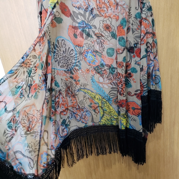 Sans Souci, tan orange green blue black kimono fringe cardigan, large - Picture 15 of 15